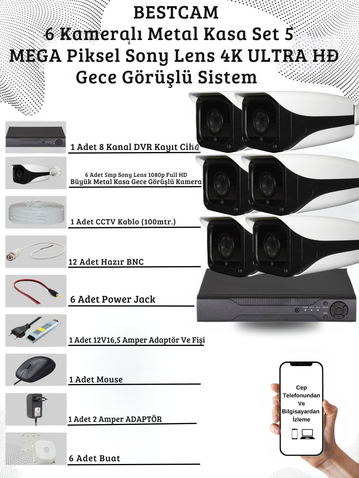6 Kameralı Metal Kasa 5 Mega Piksel Sony Lensli 4K Ultra HD Güvenlik Sistemi
