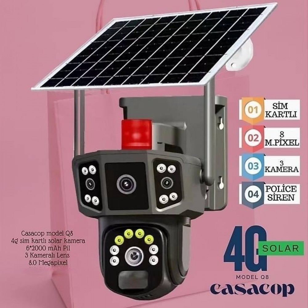 Casacop Model-Q8 3 Kameralı Sim Kartlı Solar Kamera – 360° Dönen, Sesli, SD Kart Destekli, 8MP, Alarm Özellikli